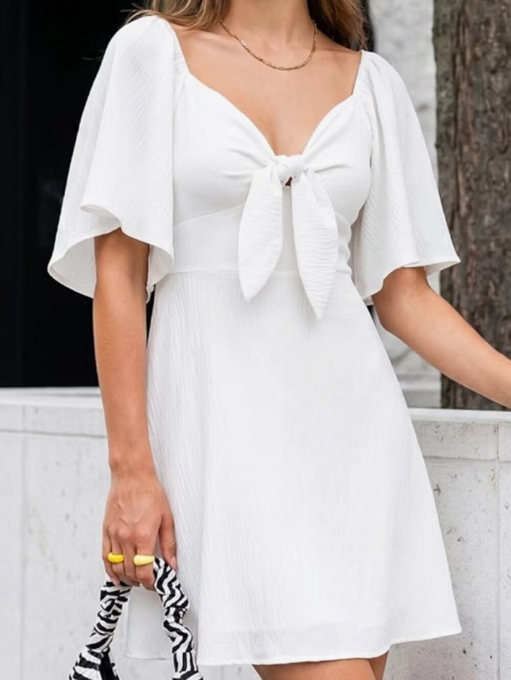 Tie-Front White Mini Dress with Flutter Sleeves